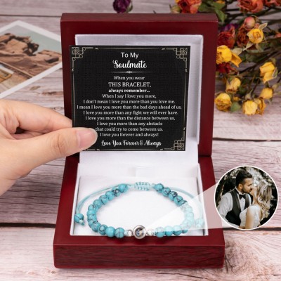 To My Soulmate Personalized Blue Beaded Photo Projection Bracelet Gifts for Soulmate Christmas Gifts
