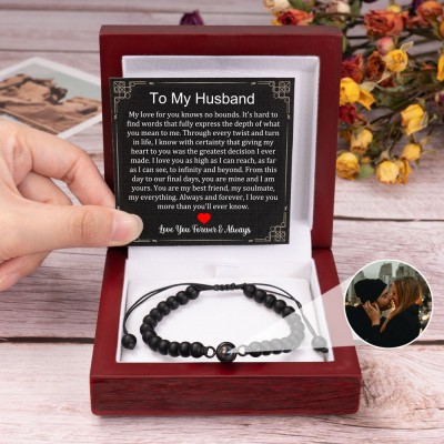 To My Husband Personalized Black Beaded Projection Photo Bracelet Christmas Gifts for Husband Anniversary Gift Ideas