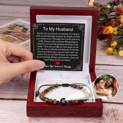 To My Husband Personalized Tiger's Eye Stone Beaded Photo Projection Bracelet Anniversary Gifts for Him Christmas Gifts