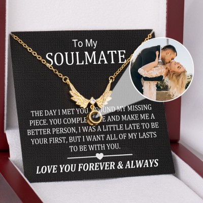 Custom To My Soulmate Wings Charm Photo Projection Necklace Memorial Gifts for Her Christmas Gifts