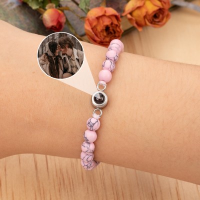 Custom Women Pink Beaded Projection Photo Bracelet with Picture Inside Gifts for Her Christmas Gift Ideas for Wife Girlfriend