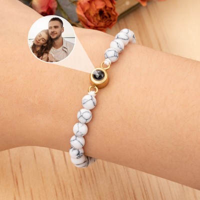 White Beaded Photo Projection Memory Bracelet with Picture Inside Personalized Gifts for Him Christmas Gift Ideas