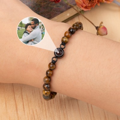 Custom Tiger's Eye Stone Mens Beaded Photo Projection Bracelet with Picture Inside Gifts for Dad Husband Christmas Gifts