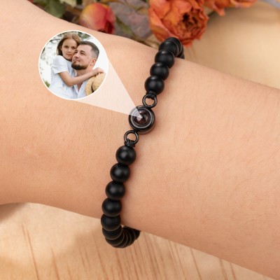 Personalized Black Beaded Photo Projection Bracelet Gift Ideas for Dad Anniversary Gifts Christmas Gifts