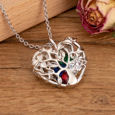 Heart Shape Family Tree Caged Pendant Necklace with 1-8 Birthstones