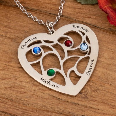 Personalized Heart Family Tree Necklace With 1-7 Birthstone, Customized Necklace for Mom, for Her