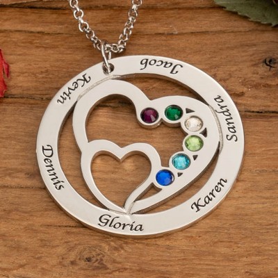 Personalized Double Heart Necklace with 1-7 Birthstones and Name