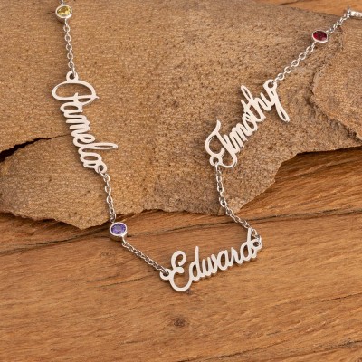 Silver Personalized Name Necklace With 1-6 Names and Birthstones