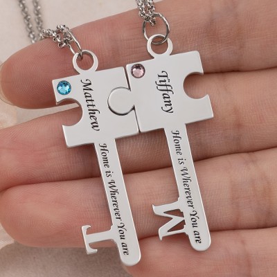 Personalized Puzzle Key Necklace Set with Birthstone Design Couple Necklace Love Gift Ideas for Her Anniversary Gifts Valentine's Day Gifts