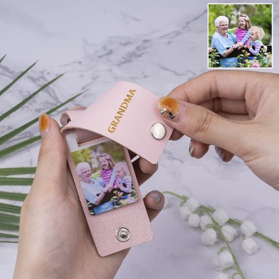 Personalized Pink Leather Engraved Photo Keychain