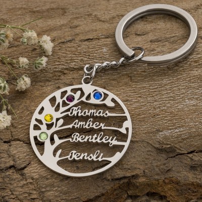 Personalized Family Tree Name Keychain with 1-8 Names Birthstones