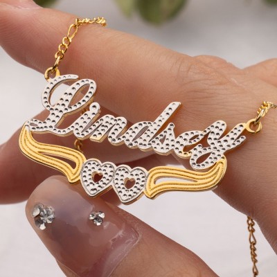 18K Gold Plating Personalized Two-Color Name Necklace with Heart Decoration Below