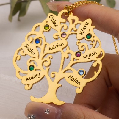 Personalized Birthstones Family Tree Necklace with 1-15 Names Customize Family Jewelry