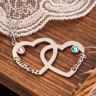 Personalized Heart In Heart Names Necklace With Birthstones