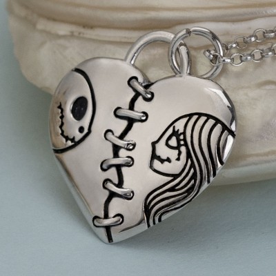 Silver Lovely Heart Jack Skellington and Sally Couple Name Engraving Necklace Valentine's Day Gifts