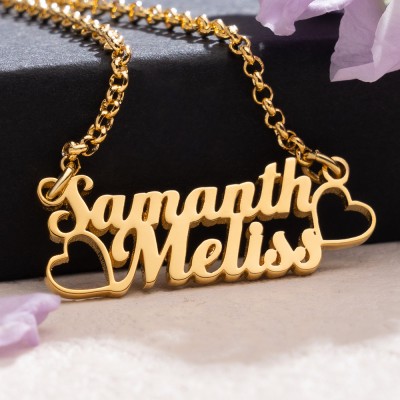 Personalized Double Name Necklace with Two Heart Pendant Custom Jewelry for Couple Anniversary Gift for Her Him
