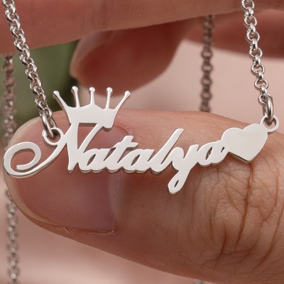 Personalized Crown Name Necklace with a Heart for Women Minimalist Name Jewelry Gift for Her