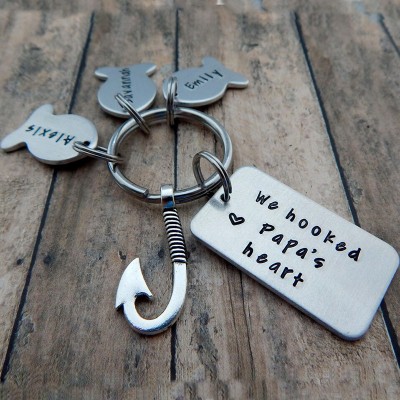 Personalized We Hooked Papa's Heart Fishing KeyChain