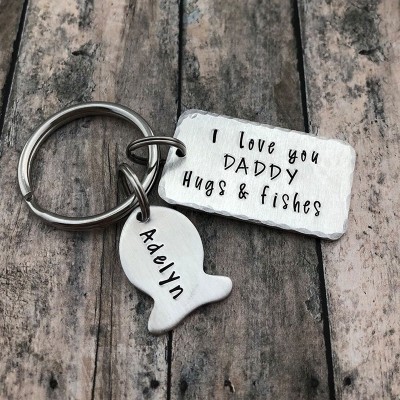 Personalized I love you DADDY Hugs and Fishes Fishing KeyChain