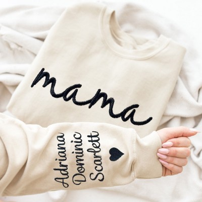 Personalized Mama Embroidered Sweatshirt Hoodie With Kids Names On Sleeve Unique Gift For New Mom Grandma