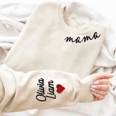 Custom Mama Embroidered Sweatshirt Hoodie With Kids Names on Sleeve Special Mother's Day Gift Ideas