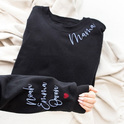 Custom Mama Neckline Embroidered Sweatshirt Hoodie with Names on Sleeve Unique Gifts For Mom Grandma