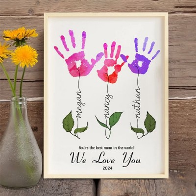Best Mom In The World Custom Flower DIY Handprint Art Frame Gift for Mom Grandma 