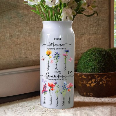 First Mama Now Grandma Garden Birth Flower Vase Personalized Gift For Mom Grandma