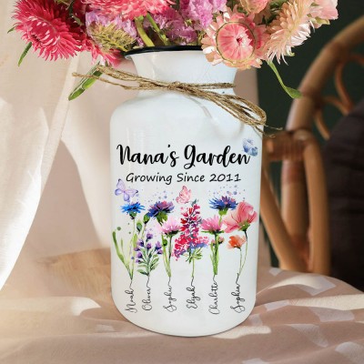 Custom Nana's Garden Birth Flower Vase with Grandkids Names Mother's Day Gift Ideas