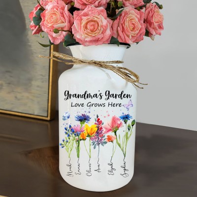 Personalized Grandma's Garden Love Grows Here Birth Flower Vase With Grandkids Names Unique Gift Ideas For Mom Grandma