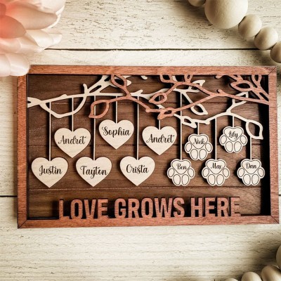 Custom Wood Family Tree Pet Paws Name Sign Love Gift for Grandma Mom Wife Anniversary Gift for Her 