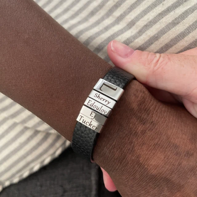 Personalized Leather Beads Mens Bracelet with Kids Name Father's Day Gifts
