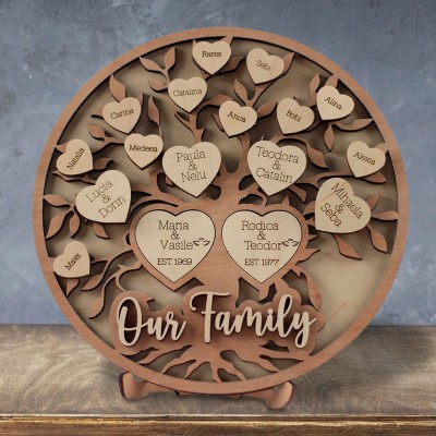 Personalized Wood Family Tree Sign with Engraved Names Christmas Gift