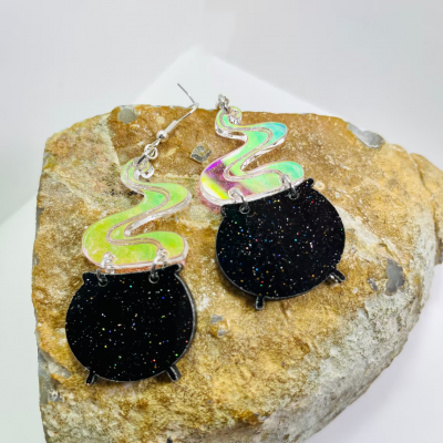 Halloween Black Glitter Cauldron Earrings Iridescent Statement Earrings 