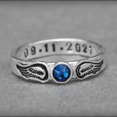 Personalized Angel Wings Birthstone Engraved Ring Memorial Gift Christmas Gift