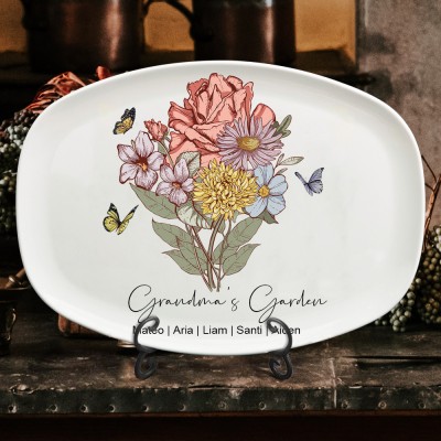 Personalized Grandma's Garden Birth Flower Bouquet Platter Keepsake Gift For Mom Grandma Mother's Day Gift