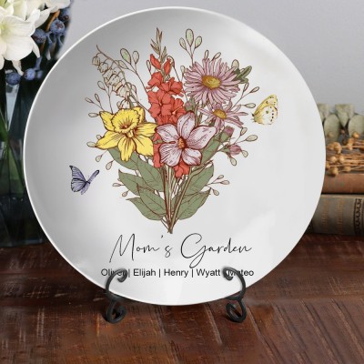 Custom Mom's Garden Birth Flower Bouquet Platter With Kids Names Love Gift For Mom Grandma Mother's Day Gift Ideas