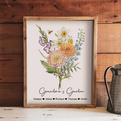 Personalized Grandma's Garden Birth Flower Bouquet Print Art Gift Ideas for Grandma Mom Christmas Gifts