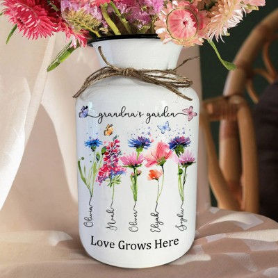 Personalized Grandma's Garden Birth Flower Vase with Kids Names Mother's Day Gifts