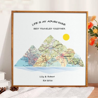 Custom Couples Travel Map Mountain Wall Art Anniversary Gifts for Husband, Wife Couples Engagement Gifts