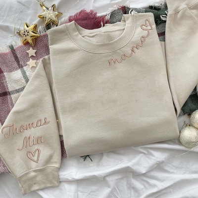 Custom Neckline Embroidered Mama Sweatshirt Hoodie With Kids Names Best Mother's Day Gifts