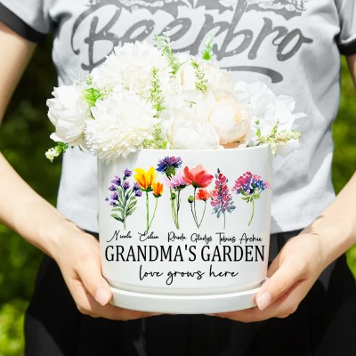 Grandma's Garden Birth Month Flower Pot with Kids Names Personalized Gifts for Mom Grandma Love Gift Ideas for Her