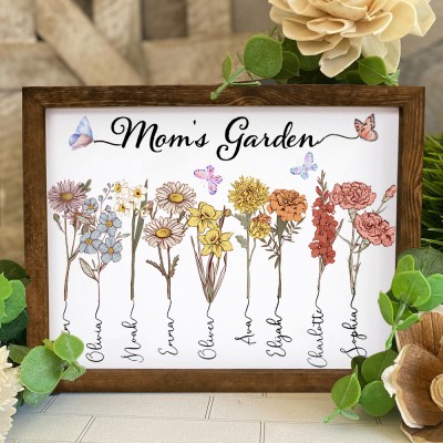 Custom Mom's Garden Birth Flower Frame Wood Sign With Kids Names Mother's Day Gift Ideas For Grandma Mom