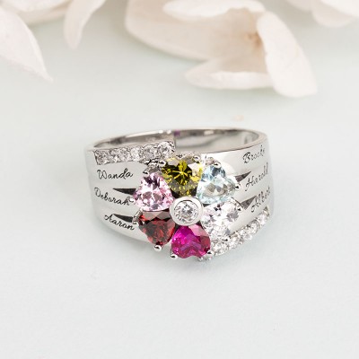 Personalized S925 Silver Engraved Heart-Shaped Birthstones Ring with 1-8 Names For Mom