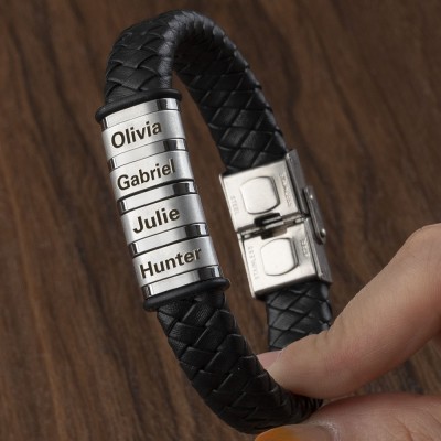 Personalized Mens Beads Braid Leather Bracelet With 1-10 Beads