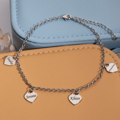 Custom Heart Charms Bracelet Engraved with Names Gift for Her Mother's Day Gift