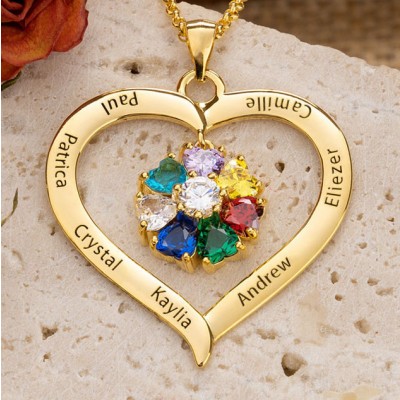 Personalized Heart Shape Necklace With 1-8 Birthstones with Name Engravings