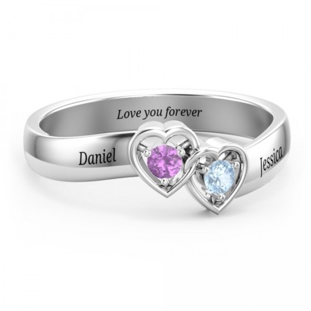 S925 Sterling Silver Personalized Double Interlocked Hearts Promise Ring For Couples