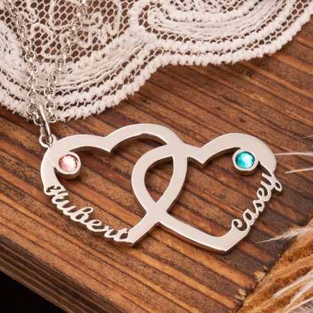 Personalized Heart In Heart Names Necklace With Birthstones