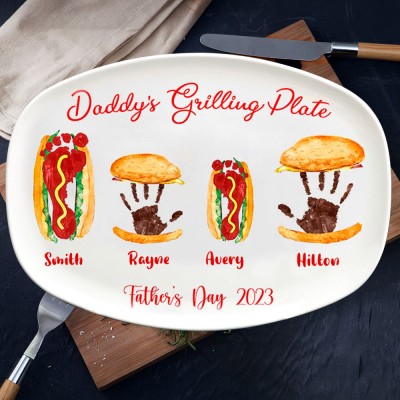 Personalized Burger Hot Dog Handprint Footprint Plate Father's Day Gifts
